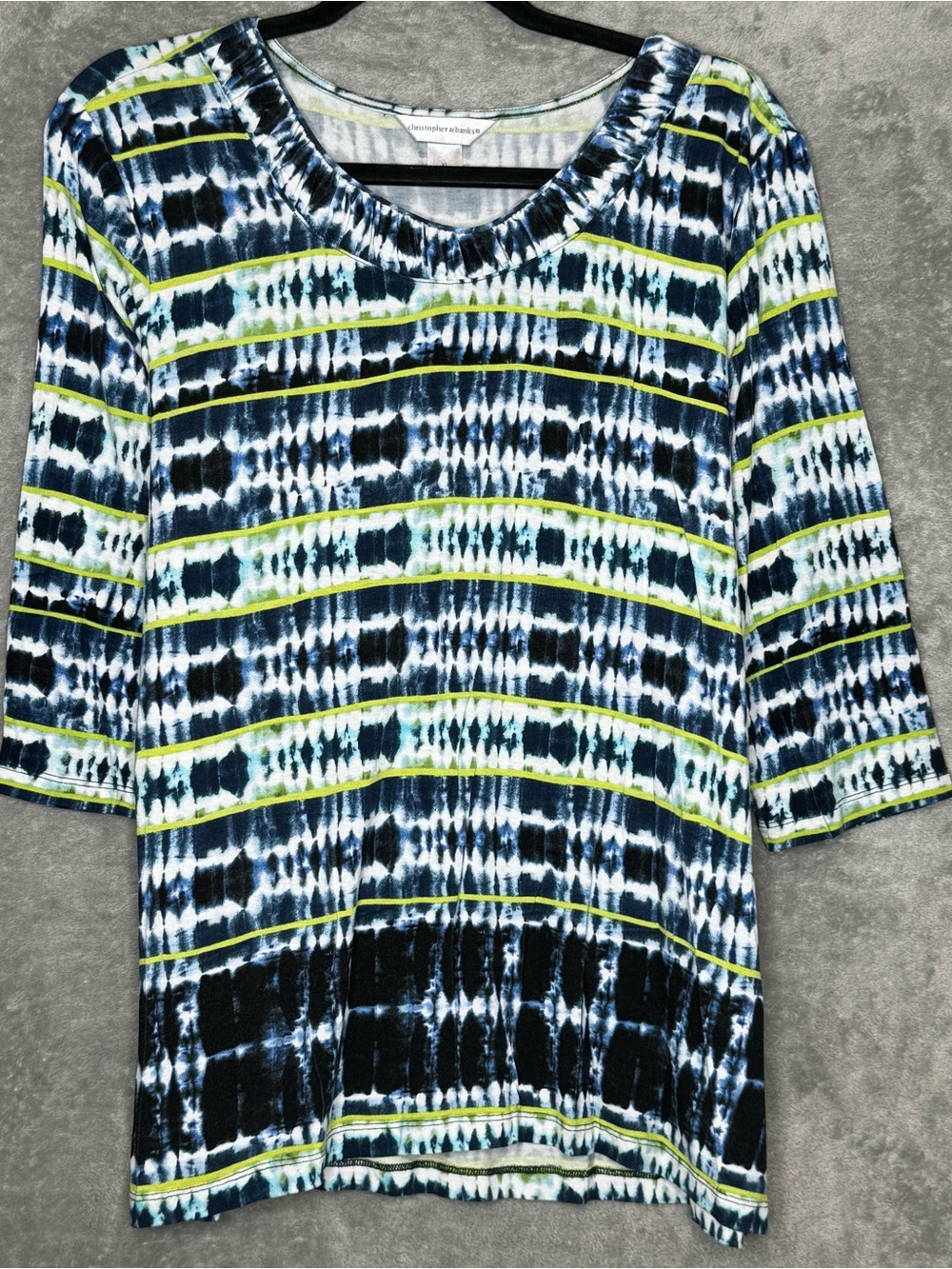 Christopher & Banks XL Shirt Top Navy Blue Striped 3/4 Sleeve V Neck Stretch